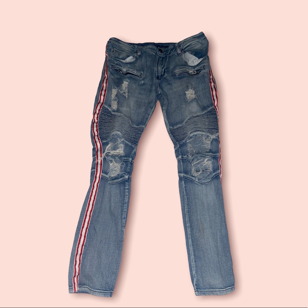 Light Wash Ripped Moto side stripe skinny jeans
